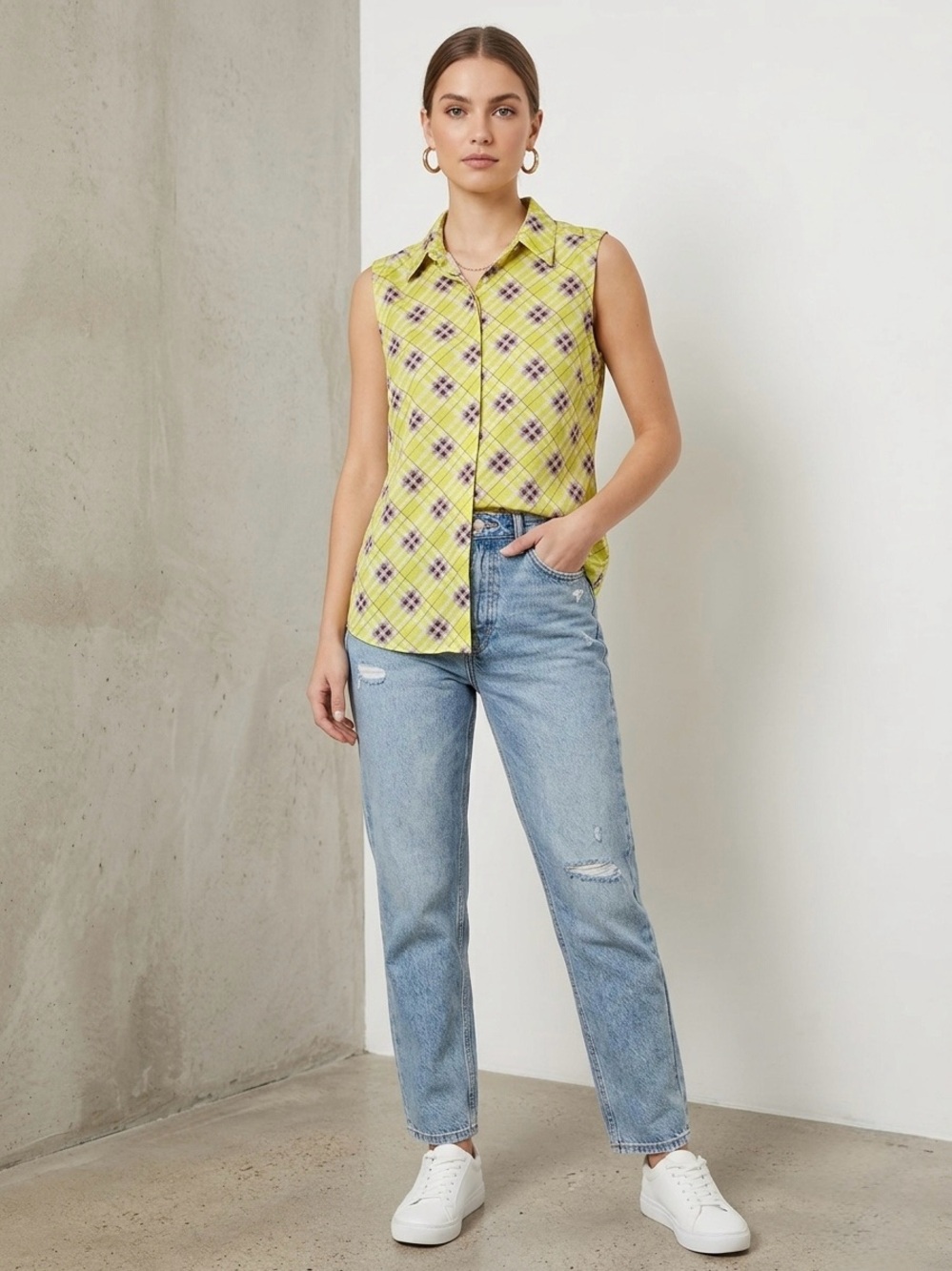 Kut from the Kloth Yellow Plaid Sleeveless Button-Front Top NWT